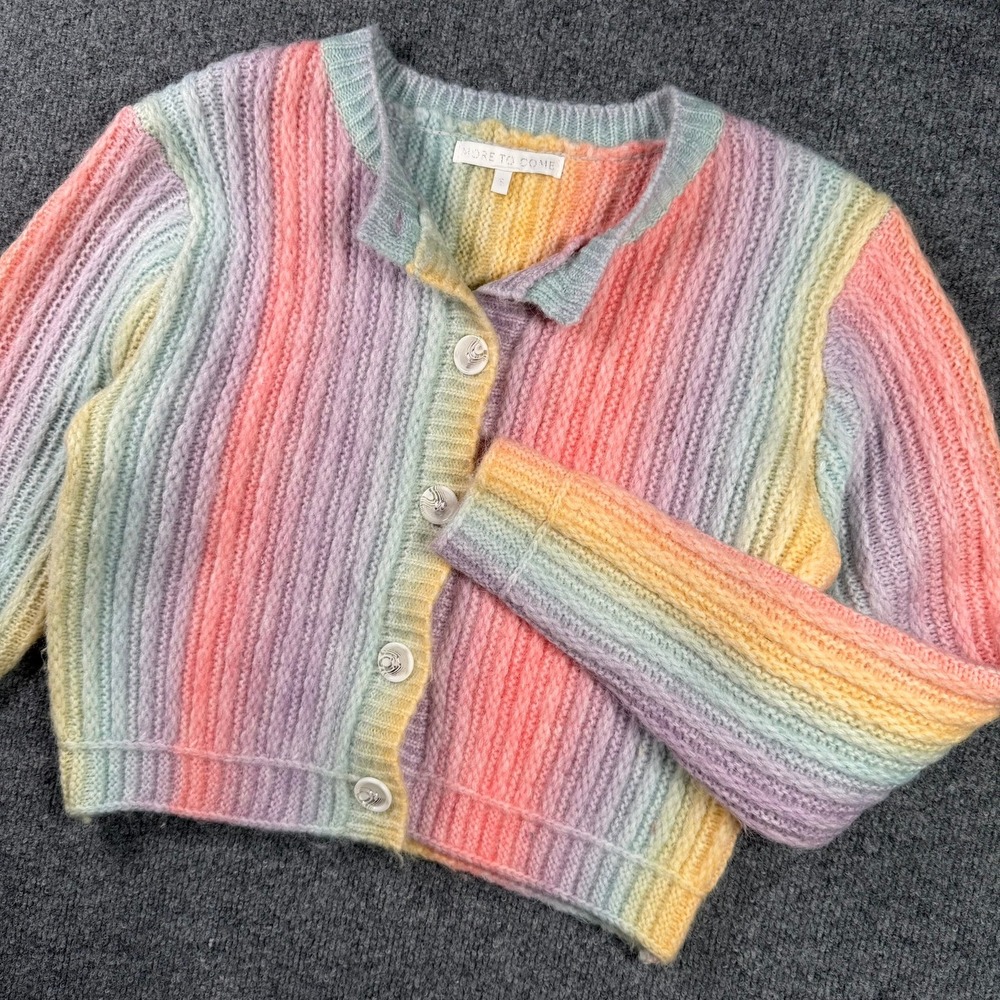More To Come Cardigan Womens Small Pastel Rainbow Ribbed Cropped Fuzzy Sweater